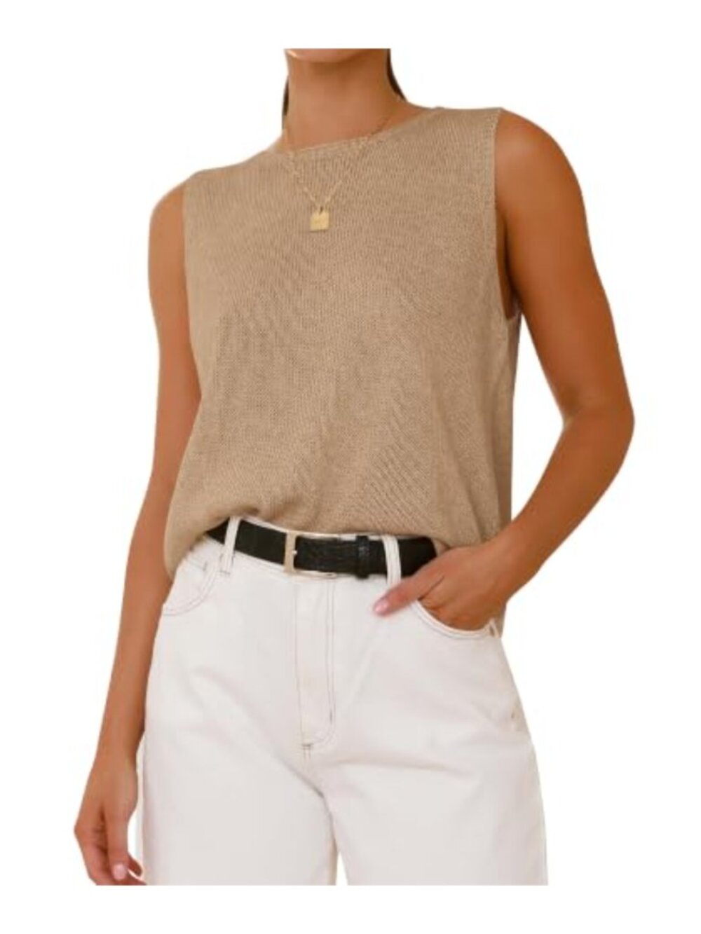 Women Loose Sleeveless Ribbed Knit Sweater Tank Top Crew Neck